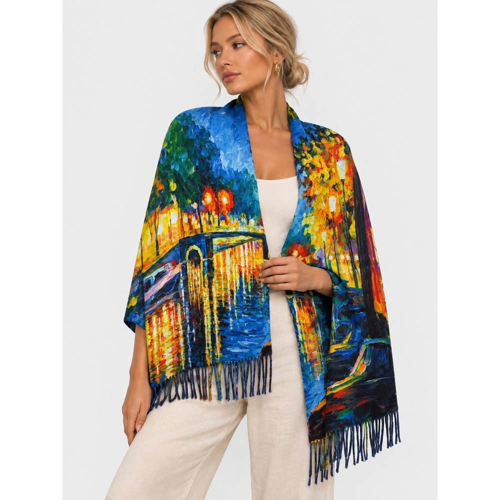 Jackeez & Nicolz Le Jardin Scarf Navy Blue Impressionist Art Fringed NWT New
